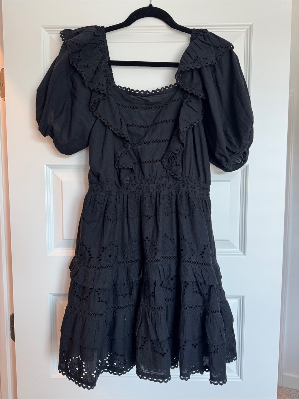 Miss Selfridge Black Eyelet Ruffled Puff Sleeve Dress